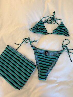 triangl swimwear Vinca Green and Black Striped Triangle Bikini Top with Pouch